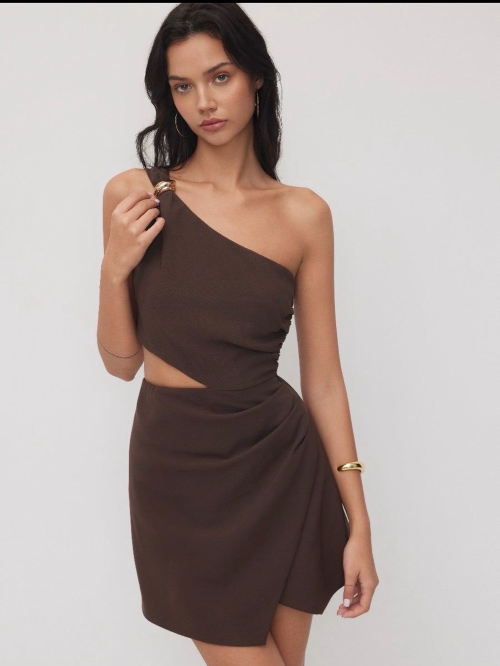 Commense One-Shoulder Chocolate Brown Cutout Mini Dress